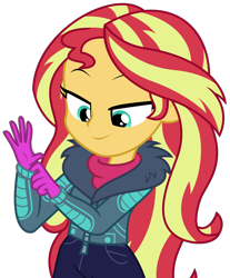 Size: 2556x3094 | Tagged: safe, artist:sketchmcreations, sunset shimmer, equestria girls, equestria girls series, holidays unwrapped, saving pinkie's pie, spoiler:eqg series (season 2), clothes, coat, dressing, female, getting dressed, gloves, simple background, smiling, transparent background, vector, winter outfit