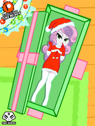 Size: 2650x3507 | Tagged: safe, artist:theminus, sweetie belle, human, equestria girls, g4, bedroom eyes, christmas, clothes, costume, gloves, hat, high res, holiday, long gloves, looking at you, patreon, patreon logo, santa costume, santa hat, show accurate, socks, stocking feet, stockings, thigh highs