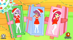 Size: 4000x2205 | Tagged: safe, artist:theminus, apple bloom, scootaloo, sweetie belle, human, equestria girls, g4, christmas, christmas lights, clothes, costume, cutie mark crusaders, dress, evening gloves, gloves, hat, holiday, long gloves, present, santa costume, santa hat, show accurate, socks, stocking feet, stockings, thigh highs