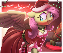 Size: 4000x3414 | Tagged: safe, artist:nookprint, fluttershy, pegasus, pony, g4, bell, bell collar, blushing, blushing profusely, christmas, christmas tree, clothes, collar, costume, cute, female, hat, hearth's warming eve, holiday, mare, santa costume, santa hat, shyabetes, sleigh bells, smiling, solo, spread wings, tree, wings