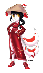 Size: 1023x1733 | Tagged: safe, artist:wicked-red-art, oc, oc only, oc:little kit, kitsune, equestria girls, g4, asian conical hat, clothes, commission, equestria girls-ified, female, flats, hat, katana, markings, nail polish, ponied up, shoes, simple background, solo, sword, total sideslit, transparent background, vaguely asian robe, weapon