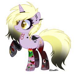 Size: 1039x1010 | Tagged: safe, artist:wicked-red-art, dinky hooves, pony, unicorn, icey-verse, g4, commission, ear piercing, earring, eyeshadow, female, goth, horn, horn ring, jewelry, lip piercing, makeup, mare, older, older dinky hooves, piercing, raised hoof, ring, simple background, solo, tattoo, transparent background