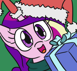 Size: 303x280 | Tagged: safe, artist:jargon scott, princess cadance, alicorn, pony, g4, christmas, clothes, cute, cutedance, female, green background, hat, hi anon, holiday, horn, horn sock, looking at you, mare, meme, present, santa hat, simple background, smiling, solo, sweater