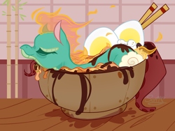 Size: 4000x3000 | Tagged: safe, artist:scarffist, tianhuo (tfh), dragon, hybrid, longma, them's fightin' herds, bowl, chopsticks, community related, egg, eyes closed, food, longma in food, noodles, ponies in food, solo
