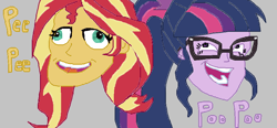 Size: 956x443 | Tagged: safe, artist:zimbabwe, sci-twi, sunset shimmer, twilight sparkle, equestria girls, g4, creepy, derp, duo, glasses, gray background, laughing, meme, simple background, stylistic suck, trollface, wat, why, wtf