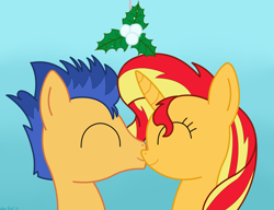 Size: 3936x3016 | Tagged: safe, artist:rainbowšpekgs, flash sentry, sunset shimmer, pony, unicorn, g4, duo, female, high res, kissing, male, mistleholly, request, ship:flashimmer, shipping, straight