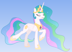 Size: 5300x3840 | Tagged: safe, artist:byteslice, princess celestia, alicorn, pony, g4, .svg available, eyes closed, female, folded wings, gradient background, mare, raised hoof, smiling, solo, standing, svg, vector, wings