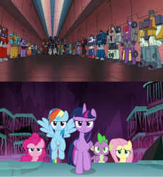 Size: 1066x1157 | Tagged: safe, edit, edited screencap, screencap, fluttershy, pinkie pie, rainbow dash, spike, twilight sparkle, alicorn, dragon, earth pony, pegasus, pony, g4, school raze, season 8, comparison, crossover, cyclonus, decepticon, demolishor, galvatron, generic (transformers), tidal wave, transformers, transformers armada, transformers generation 1, twilight sparkle (alicorn), winged spike, wings