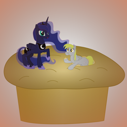 Size: 1600x1600 | Tagged: safe, artist:nate5700, derpy hooves, princess luna, alicorn, pegasus, pony, g4, dream, dream walker luna, duo, food, muffin, simple background, that pony sure does love muffins