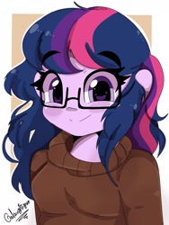Size: 1440x1920 | Tagged: safe, artist:galaxynightt, sci-twi, twilight sparkle, equestria girls, g4, clothes, cute, glasses, looking at you, smiling, solo, sweater, twiabetes
