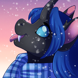 Size: 1000x1000 | Tagged: safe, artist:minettefraise, oc, oc only, oc:swift dawn, changeling, blue changeling, blue eyes, blue scarf, bust, catching snowflakes, changeling oc, clothes, cute, fangs, gradient background, horn, icon, looking up, portrait, scarf, simple background, snow, snowfall, sunset, tongue out, winter
