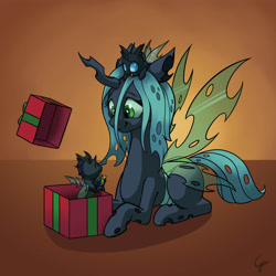 Size: 2195x2195 | Tagged: safe, artist:cyonixcymatro, queen chrysalis, changeling, changeling queen, g4, christmas, christmas changeling, christmas presents, cute, cutealis, eyes closed, female, gift giving, high res, hnnng, holiday, looking at each other, looking at someone, lying down, male, mommy chrissy, open mouth, present, prone, sitting on head, smiling, spread wings, stray strand, sweet dreams fuel, weapons-grade cute, wings