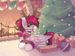Size: 4724x3543 | Tagged: safe, artist:dorkmark, artist:pandachenn, oc, oc only, oc:siren, pegasus, pony, :p, absurd resolution, bondage, bow, bridle, christmas, christmas tree, female, fire, fireplace, folded wings, holiday, lying down, mare, pegasus oc, present, prone, ribbon, solo, tack, tongue out, tree, wings