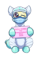 Size: 1200x1800 | Tagged: safe, artist:ravistdash, derpibooru exclusive, oc, oc:массы, earth pony, pony, 2021 community collab, derpibooru community collaboration, clothes, coronavirus, covid-19, environmental suit, face mask, female, gloves, latex, latex gloves, mask, not fluttershy, positive message, positive ponies, sign, simple background, sitting, smiling, transparent background, virus