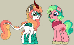 Size: 1024x629 | Tagged: safe, artist:rosefang16, oc, oc only, oc:acacia, oc:orchard fire, kirin, pony, brother and sister, brown background, duo, female, interspecies offspring, kirin hybrid, male, offspring, parent:big macintosh, parent:oc:dahlia, parents:canon x oc, siblings, simple background