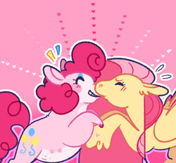 Size: 1024x951 | Tagged: safe, artist:goatpaste, fluttershy, pinkie pie, earth pony, pegasus, pony, g4, eyes closed, female, kissing, lesbian, mare, pink background, ship:flutterpie, shipping, simple background