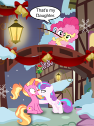 Size: 3000x4000 | Tagged: safe, artist:ejlightning007arts, li'l cheese, luster dawn, pinkie pie, princess flurry heart, alicorn, earth pony, pony, unicorn, g4, the last problem, bell, christmas, cute, eyes closed, female, flurrydawn, hearth's warming eve, holiday, kissing, lamp, lesbian, mare, mistletoe, mother and child, mother and daughter, older, older flurry heart, parent:pinkie pie, ponyville, shipping, surprised, unexpected