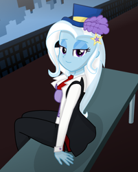 Size: 1250x1556 | Tagged: safe, artist:charliexe, artist:grapefruitface1, gameloft, trixie, equestria girls, g4, ass, base used, bench, butt, city, clothes, gameloft interpretation, hat, looking at you, necktie, outdoors, show accurate, sidewalk