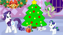 Size: 1280x720 | Tagged: safe, artist:mlplary6, artist:sparity, opalescence, rarity, spike, oc, oc:pearl, dracony, dragon, hybrid, pony, g4, christmas, christmas tree, family, female, filly, holiday, interspecies offspring, male, offspring, parent:rarity, parent:spike, parents:sparity, present, ship:sparity, shipping, straight, tree, trio, winged spike, wings