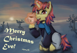 Size: 1280x888 | Tagged: safe, artist:monx94, oc, oc only, oc:sunrise moonshadow, pony, unicorn, christmas, clothes, commission, cup, ear fluff, full body, glowing horn, holiday, horn, looking at you, magic, male, mane, open mouth, outdoors, scarf, sitting, smiling, snow, solo, stallion, sun, sunset, winter