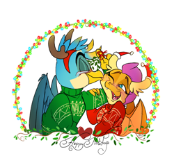 Size: 1894x1703 | Tagged: safe, artist:g-elric, gallus, smolder, dragon, griffon, g4, antlers, blushing, cheek kiss, christmas, christmas sweater, clothes, female, happy holidays, hat, holiday, horn, horn sock, kissing, male, mistletoe, reindeer antlers, santa hat, shipping, simple background, smollus, straight, sweater, white background