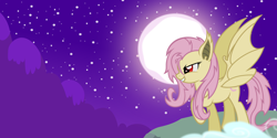 Size: 6000x3000 | Tagged: safe, artist:godoffury, fluttershy, bat pony, pony, bats!, g4, bat ponified, cliffside, cloud, female, flutterbat, moon, night, race swap, solo, stars, vector, wallpaper