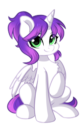 Size: 800x1200 | Tagged: safe, artist:oofycolorful, derpibooru exclusive, oc, oc only, oc:purple rose, alicorn, pony, 2021 community collab, derpibooru community collaboration, eye clipping through hair, looking at you, simple background, sitting, solo, transparent background