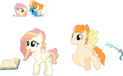 Size: 2719x1684 | Tagged: safe, artist:littlejurnalina, fire streak, fluttershy, oc, oc only, oc:idolwise, oc:wildfire, pegasus, pony, g4, female, flutterstreak, male, mare, parent:fire streak, parent:fluttershy, parents:flutterstreak, shipping, simple background, stallion, straight, transparent background, two toned wings, wings