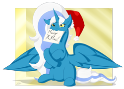 Size: 2390x1725 | Tagged: safe, artist:thebenalpha, oc, oc:fleurbelle, alicorn, pony, alicorn oc, christmas, female, hat, holiday, horn, mare, mouth hold, santa hat, wings, yellow eyes
