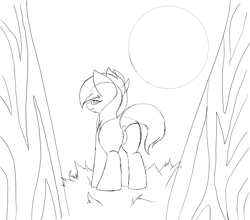 Size: 3023x2663 | Tagged: safe, artist:sundayrain, oc, oc only, oc:revy remilo, pony, unicorn, butt, dock, featureless crotch, forest, high res, missing horn, plot, sketch, solo, tail