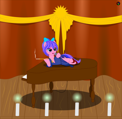 Size: 6000x5829 | Tagged: safe, alternate version, oc, oc only, oc:sweet iris, earth pony, pony, absurd resolution, bow, cigarette, cigarette holder, clothes, dress, female, hair bow, mare, microphone, musical instrument, piano, smoking, solo