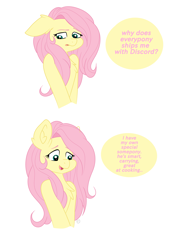 Size: 2585x3702 | Tagged: safe, artist:dreamy990, fluttershy, pegasus, pony, g4, chest fluff, dialogue, female, high res, shipping, simple background, solo, white background
