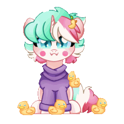 Size: 1400x1400 | Tagged: safe, artist:sugar morning, oc, oc only, oc:cotton sweets, oc:cottonsweets, bird, duck, pony, unicorn, animated, clothes, cute, duckling, female, floppy ears, gif, hairpin, mare, perfect loop, secret santa, simple background, sitting, solo, sweater, transparent background, weapons-grade cute