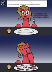 Size: 1076x1502 | Tagged: safe, artist:ladyanidraws, oc, oc only, oc:pun, earth pony, pony, ask pun, ask, dish, earth pony oc, eating, eyes closed, looking at you, pun, solo, visual pun
