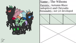 Size: 1280x720 | Tagged: safe, artist:schumette14, oc, changeling, first design, green changeling, next generation, parent:autumn blaze, parent:queen chrysalis, red changeling, story included, trio