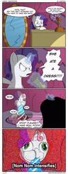 Size: 1024x2616 | Tagged: safe, artist:legiot18, rarity, sweetie belle, pony, unicorn, g4, candlestick telephone, carousel boutique, clothes, comic, creepy, derp, dress, eating, implied parents, indoors, mirror, nom, offscreen character, phone, pica, rarity is not amused, text, unamused, wat