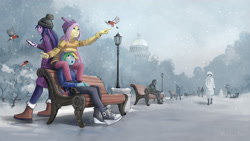 Size: 3840x2160 | Tagged: safe, artist:vyazinrei, fluttershy, rainbow dash, twilight sparkle, bird, bullfinch, equestria girls, g4, beanie, bench, blushing, boobhat, cathedral, cellphone, clothes, converse, hat, high res, looking at someone, outdoors, park, phone, reaching, russia, shoes, sitting, smartphone, snow, snowfall, streetlight, tree, winter, winter outfit
