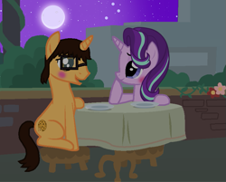 Size: 789x633 | Tagged: safe, artist:starlightglimmerfan1, starlight glimmer, oc, oc:brandon, pony, unicorn, g4, blushing, canon x oc, female, love, male, mare, moon, night, romantic, shipping, stallion, stars, supper