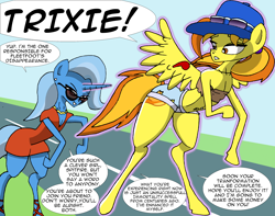 Size: 2722x2146 | Tagged: safe, artist:greeneyedmistress, spitfire, trixie, pegasus, pony, unicorn, g4, clothes, comic, female, glasses, high res, magic, mare, text, transformation