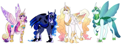 Size: 2600x950 | Tagged: safe, artist:arexstar, princess cadance, princess celestia, princess luna, queen chrysalis, alicorn, changedling, changeling, pony, g4, alternate design, armor, cloven hooves, curved horn, female, fetlock tuft, folded wings, group, horn, horn guard (armor), hybrid wings, jewelry, looking at you, mare, purified chrysalis, quartet, raised hoof, regalia, simple background, spread wings, standing, straight horn, white background, wings