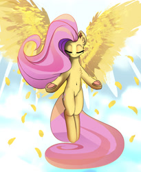 Size: 1397x1700 | Tagged: safe, artist:imadeoos, fluttershy, pegasus, pony, g4, eyes closed, feather, female, flying, frog (hoof), large wings, sky, solo, spread wings, underhoof, wings