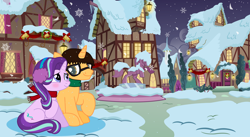 Size: 3306x1814 | Tagged: safe, artist:starlightglimmerfan1, starlight glimmer, oc, oc:brandon, pony, unicorn, g4, blushing, canon x oc, christmas, christmas love, cold, cold night, female, holiday, love, male, mare, night, ponyville, shipping, snow, stallion