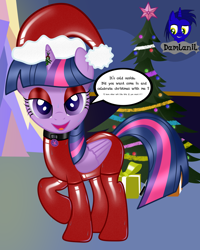 Size: 3840x4804 | Tagged: safe, artist:damlanil, twilight sparkle, alicorn, pony, g4, absurd resolution, bedroom eyes, bodysuit, catsuit, christmas, christmas tree, clothes, collar, comic, cutie mark accessory, cutie mark collar, dialogue, eyeshadow, female, grammar error, hat, holiday, horn, latex, latex suit, looking at you, makeup, mare, mistletoe, open mouth, open smile, png, present, raised hoof, rubber, santa hat, shiny, show accurate, smiling, smiling at you, solo, suit, sweat, symbiote, talking, talking to viewer, test tube, tree, twilight sparkle (alicorn), twilight's castle, vector, wall of tags, wings