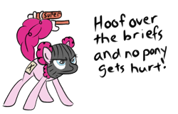 Size: 548x353 | Tagged: safe, artist:anonsocks, pinkie pie, earth pony, pony, g4, covered cutie mark, dialogue, empty threat, female, mare, mask, paper-thin disguise, robbery, watergun