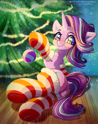 Size: 1000x1263 | Tagged: safe, artist:chaosangeldesu, starlight glimmer, pony, unicorn, g4, butt, butt focus, christmas, christmas lights, christmas tree, clothes, cute, dock, eyebrows, female, glimmer glutes, glimmerbetes, heart, heart eyes, holiday, horn, looking at you, mare, plot, smiling, smiling at you, socks, solo, striped socks, tail, tree, wingding eyes