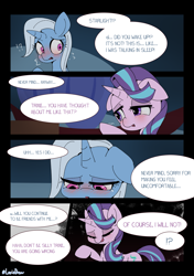 Size: 3035x4299 | Tagged: safe, artist:lexiedraw, starlight glimmer, trixie, pony, unicorn, g4, blushing, comic, dialogue, drunk, eyes closed, female, high res, lesbian, lidded eyes, looking down, mare, nervous, open mouth, ship:startrix, shipping, smiling, smug