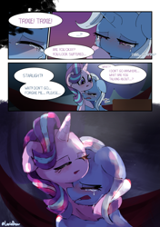 Size: 3035x4299 | Tagged: safe, artist:lexiedraw, starlight glimmer, trixie, pony, unicorn, g4, comic, crying, dialogue, drunk, female, grammar error, high res, hug, lesbian, mare, open mouth, ship:startrix, shipping, speech bubble