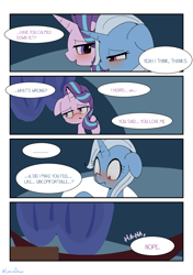 Size: 3035x4299 | Tagged: safe, artist:lexiedraw, starlight glimmer, trixie, pony, unicorn, g4, blushing, comic, dialogue, drunk, female, high res, lesbian, mare, ship:startrix, shipping