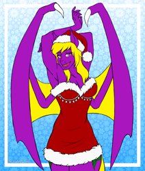 Size: 3300x3900 | Tagged: safe, artist:hasana-chan, oc, oc only, oc:voya lavender, bat pony, anthro, unguligrade anthro, anthro oc, armpits, bat pony oc, bat wings, breasts, christmas, cleavage, commission, digital art, fangs, female, gift art, hat, hearth's warming eve, high res, holiday, mare, santa hat, slit pupils, smiling, solo, standing, wings