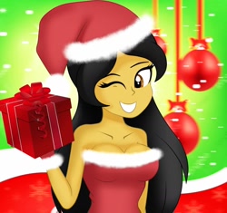 Size: 1466x1376 | Tagged: safe, artist:danielitamlp, oc, oc only, oc:dany melody, equestria girls, g4, bare shoulders, breasts, christmas, cleavage, clothes, equestria girls-ified, female, gloves, holding, holiday, one eye closed, present, solo, strapless, wink